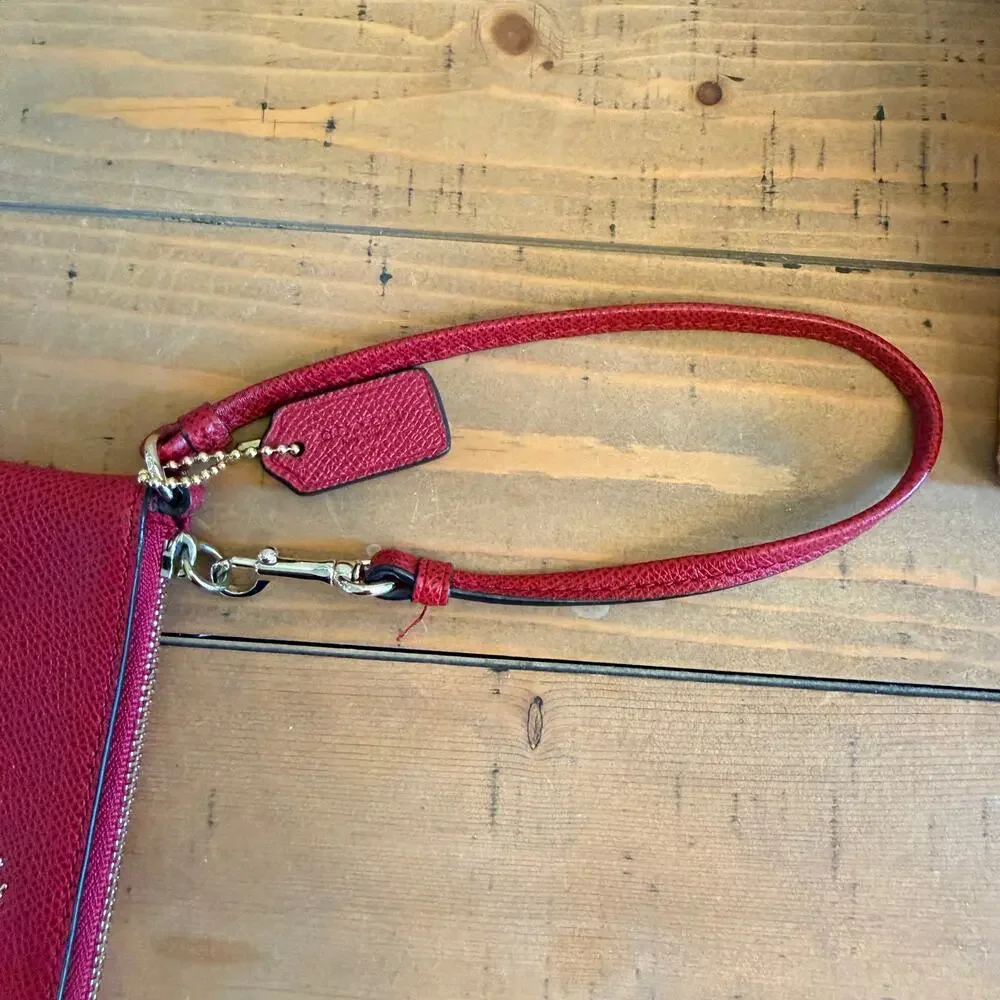 Coach Corner Zip Wristlet Red Pebbled Leather Gold Hardware Small Wallet